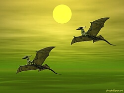 Green Dragons soaring in an Alien sky